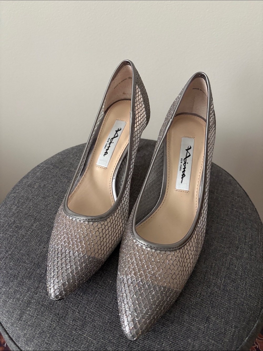 Nina Metallic Mesh Pointed-Toe Pumps in Silver Size 5